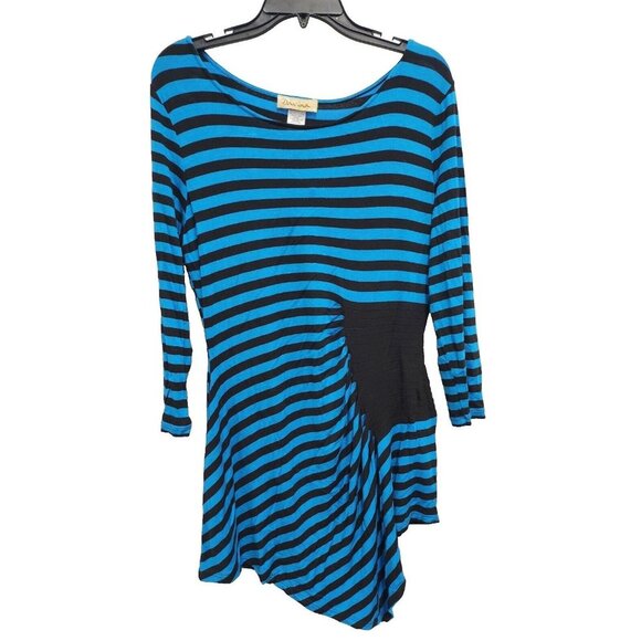 Davina Womens Striped Ruched Tunic Top Size Large Blue Black Side Angled Hem - Picture 1 of 9